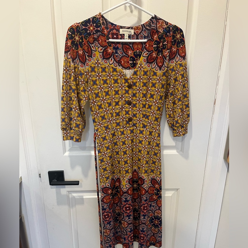 Monteau Yellow Paisley Mixed-Print Midi Dress